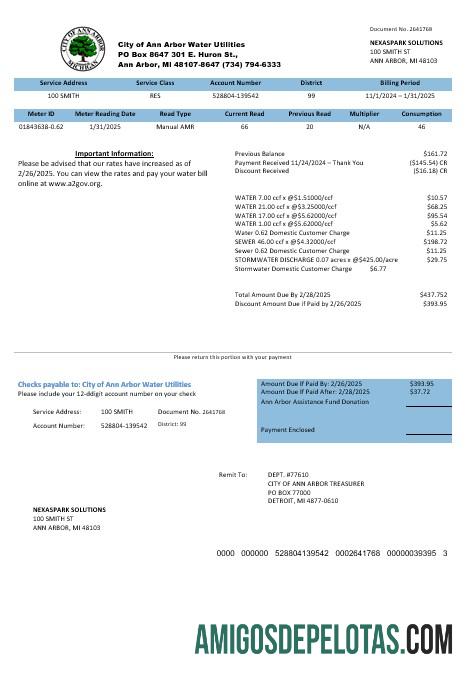 Para baixar modelo de conta de serviços públicos de serviços públicos de água, EUA, Michigan, cidade de Ann Arbor, em formatos Word e PDF